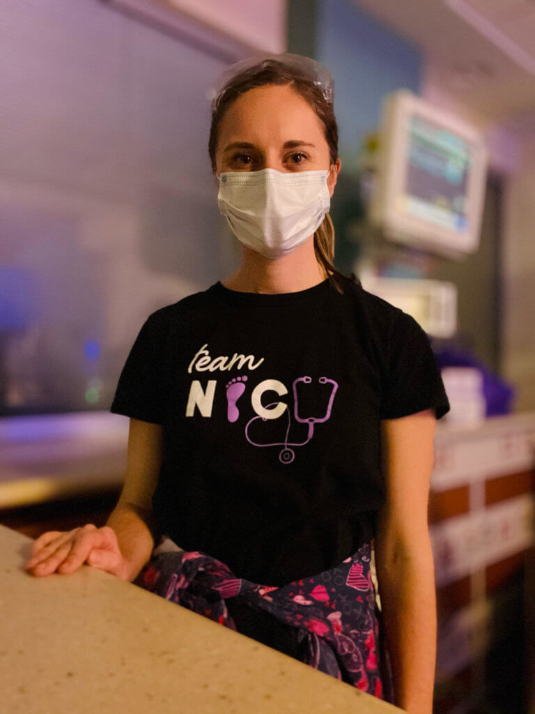 Jackie wearing her "NY ICU" shirt on one of her night shifts as a neonatal nurse.